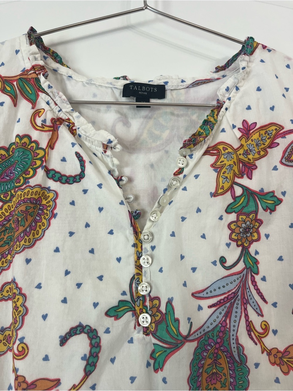 Talbots Top White Paisley Print Cap-Sleeve Blouse 100% Cotton Large Petite - Picture 2 of 6